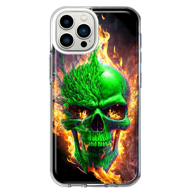 MUNDAZE Apple iPhone 13 Pro Max Green Flaming Skull Burning Fire Double Layer Phone Case Cover