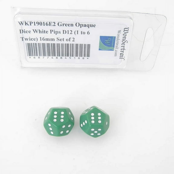 Green Opaque Dice with White Pips D12 (1 to 6 Twice) 16mm (5/8in) Set of 2 Wondertrail