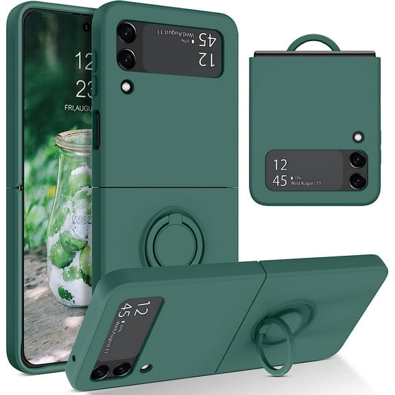 Samsung Galaxy Z Flip 3 5G Case, Slim Liquid Silicone Kickstand Case with Finger Ring Holder Car Mount Supported Drop Protection Shockproof Galaxy Z Flip 3 5G Case for Women, Midnight Green