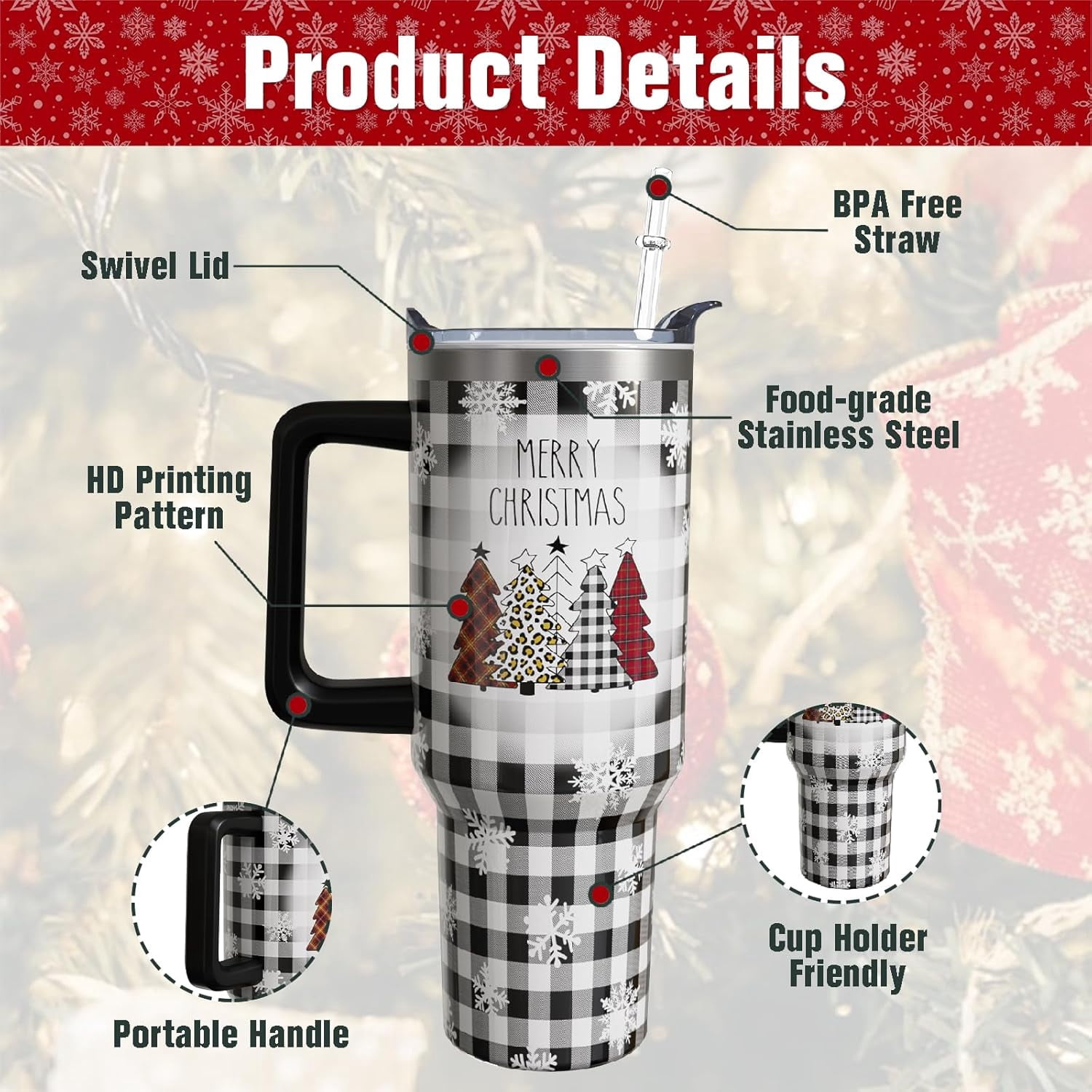 40 oz Christmas Tumblers with Handle and Straw, Christmas Tree Buffalo 40oz Stainless Steel Vacuum Insulated Travel Coffee Mug Cup Water Bottle, Christmas Decor Stuff Accessories Gifts for Women