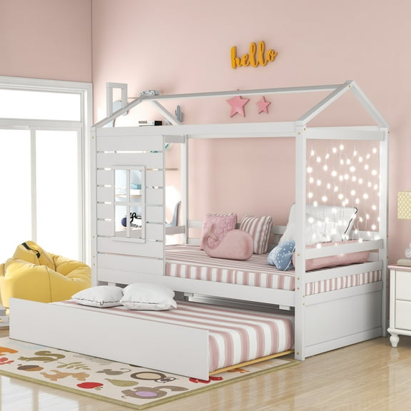 [ US IN STOCK] Twin Size House Bed Wood Bed with Twin Size Trundle ( White )