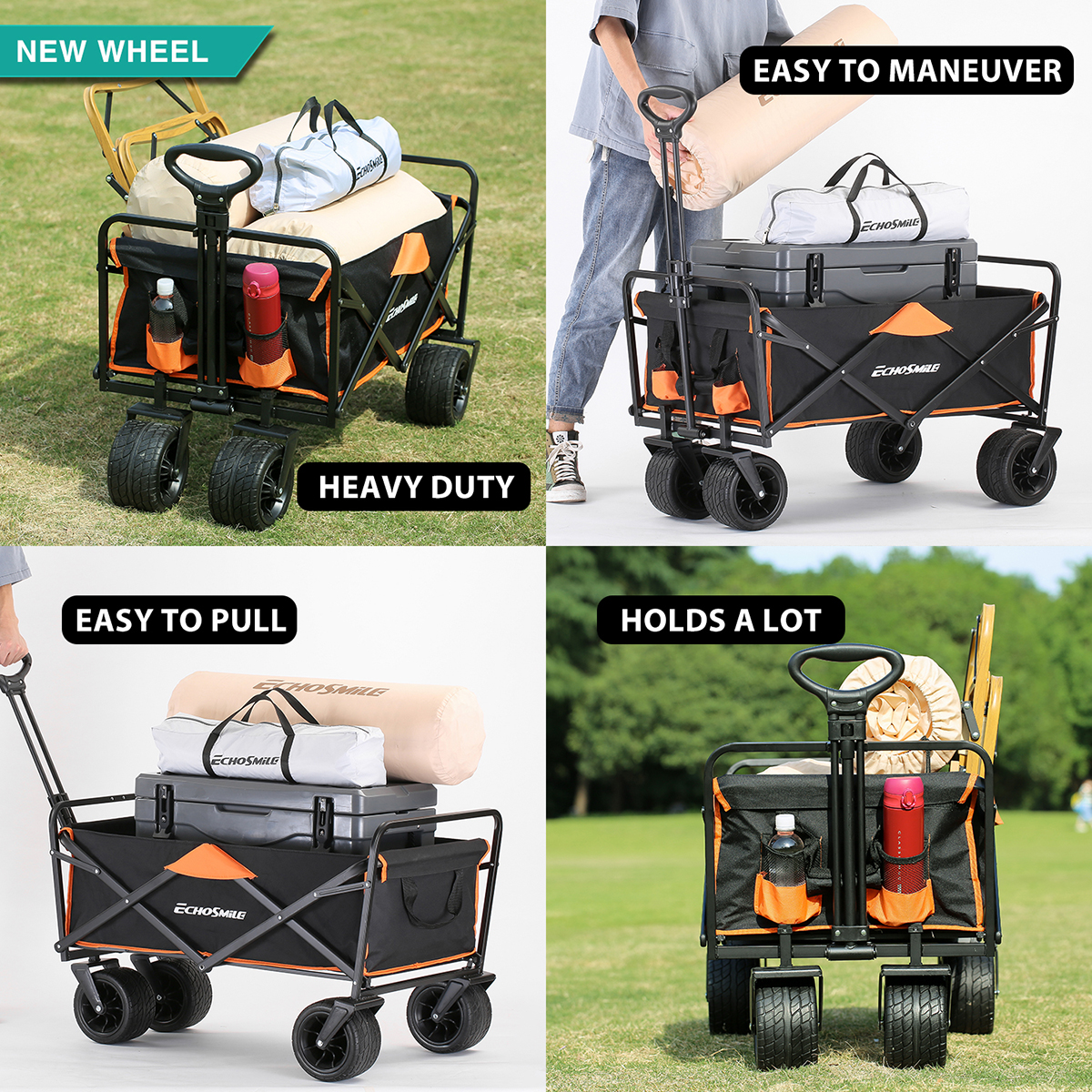 Collapsible Wagon, 350 Lbs Capacity Outdoor Folding Camping Wagons, Grocery Portable Utility Cart, Adjustable Rolling Carts, All Terrain Sports Wagon with Big Wheels