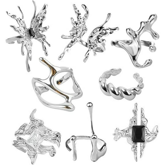 8 Pcs Adjustable Stacking Rings Set Vintage Boho Chunky Statement Rings For Women No-Size-Needed Non-Tarnish Silver Jewelry Daily Grunge Y2K Accessories