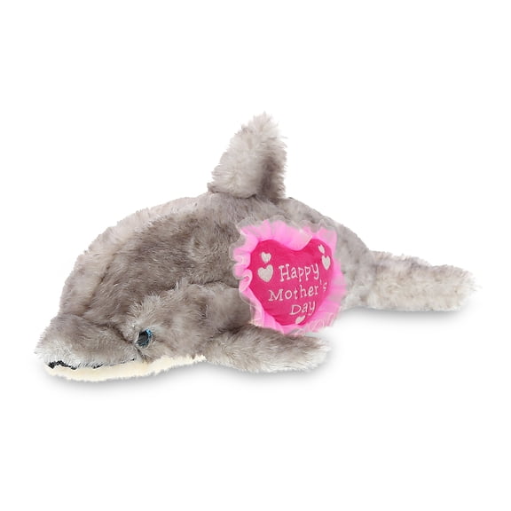 DolliBu Happy Mother's Day Super Soft Plush Grey Dolphin Doll Figure - Cute Stuffed Animal with Pink Heart Message for Best Mommy, Grandma, Wife, Daughter - Cute Ocean Life Plush Toy Gift - 12.5" Inch