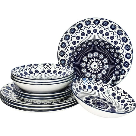 

12 Pieces Set Stoneware Plates And Bowls Sets Service For 4 Porcelain Decorated Mod Dot Blue Microwave Dishwasher Safe Chip Resistant For Everyday Casual Kitchen And Formal Dinner