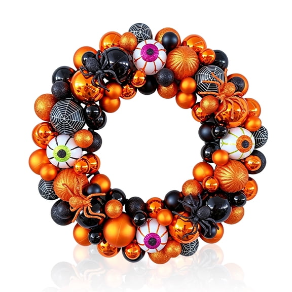 Godance Halloween Wreath for Front Door, 16 Inch Halloween Ball Wreath with Fake Pumpkins Spider, Shatterproof Treat-or-Trick Front Door Wreaths, Orange/Black Ball Ornament for Wall Front Door