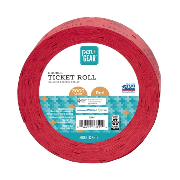 Pen+Gear Red Double Raffle Ticket Roll, Red, Numbered Ticket Pairs, 2000 Count
