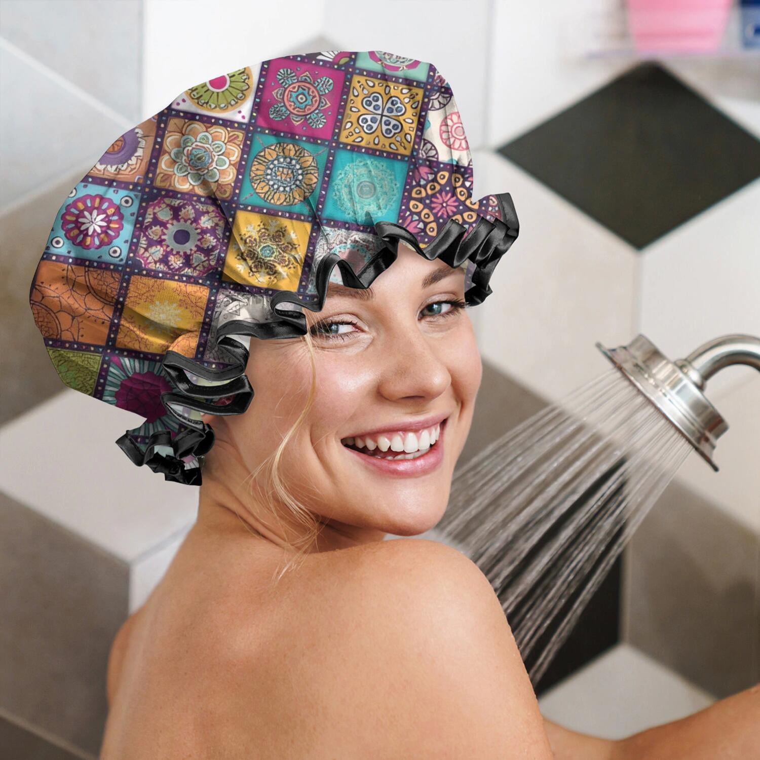 Shower Caps,Multicolor Ethnic Geometric Patchwork Pattern Waterproof Shower Cap for Women 4 Pieces,Double Reusable Hair Cover for Shower PEVA Elastic Stretch Hem