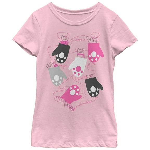 Girl's Lost Gods Christmas Kittens in Mittens  Graphic Tee Light Pink Large