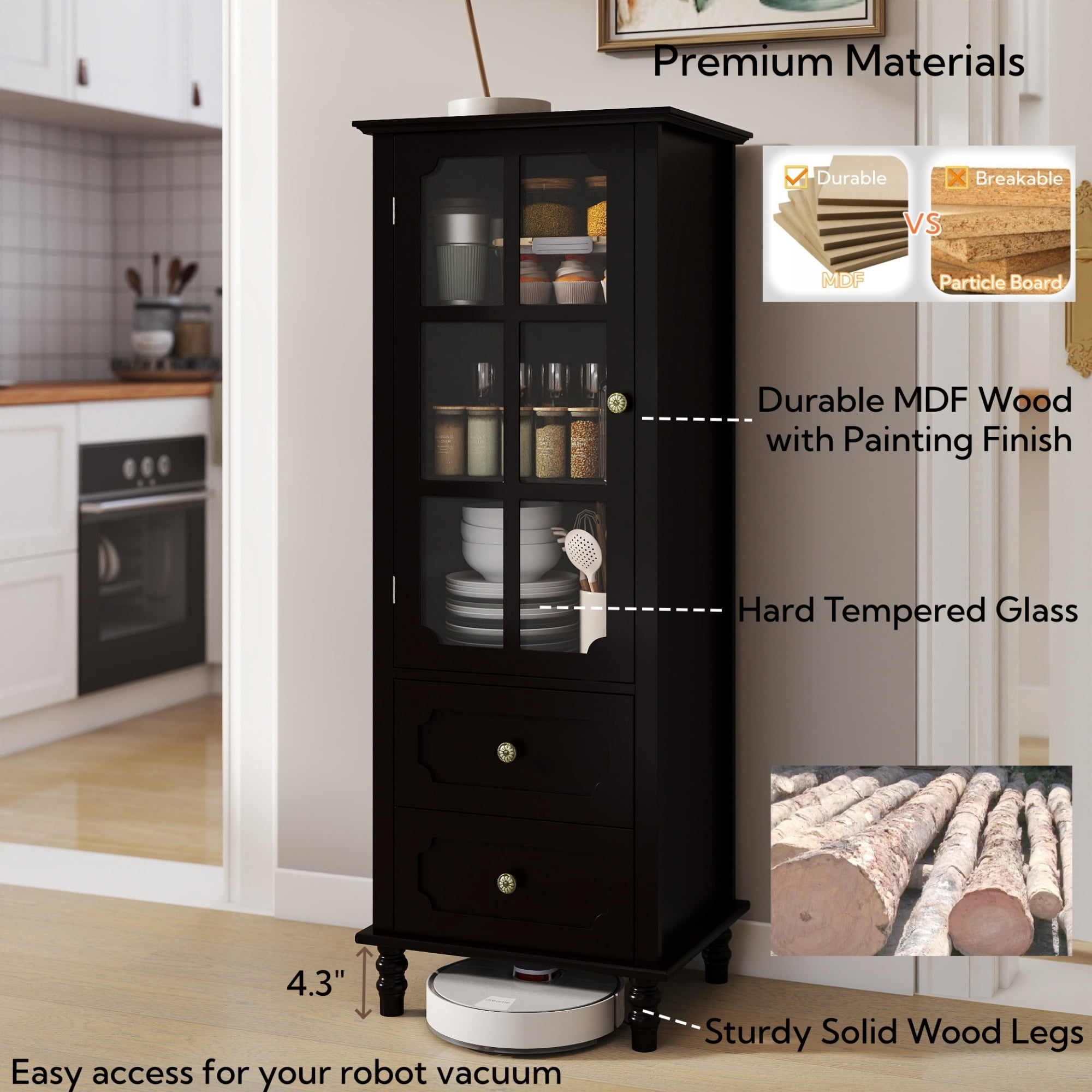 Leumius Minimalism Buffet Cabinet with Glass Doors and Double Drawer, Modern Wooden Storage Sideboard Cupboard for Living room Dining Room Hallway Entryway Black