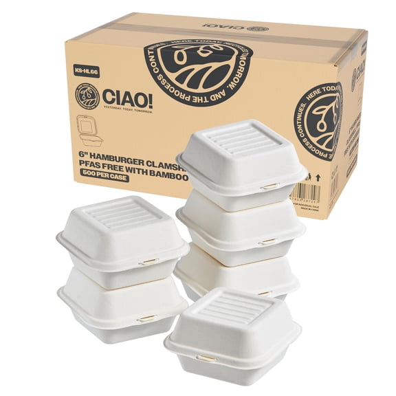 CIAO! 6"x6"x3" Clamshell 1 Compartment 100% Compostable Ecofriendly PFAS Free Unbleached Bagasse Natural White (500/case)