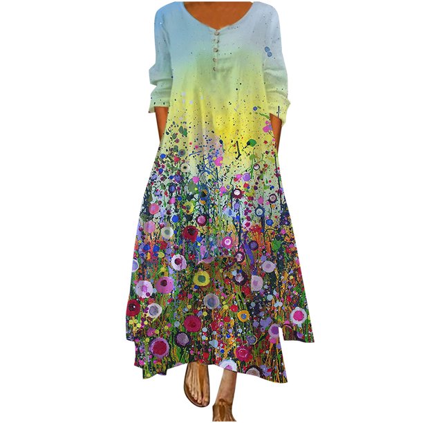 Vestido Largo Informal Con Cuello Redondo Y Manga Larga Con Estampado Floral Y Botones Para Mujer Odeerbi ODB115329