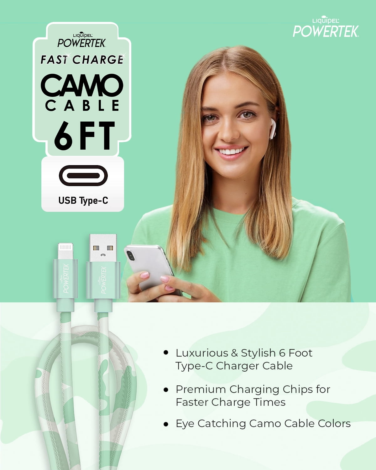 Liquipel Powertek Type C Cable Camo - Green