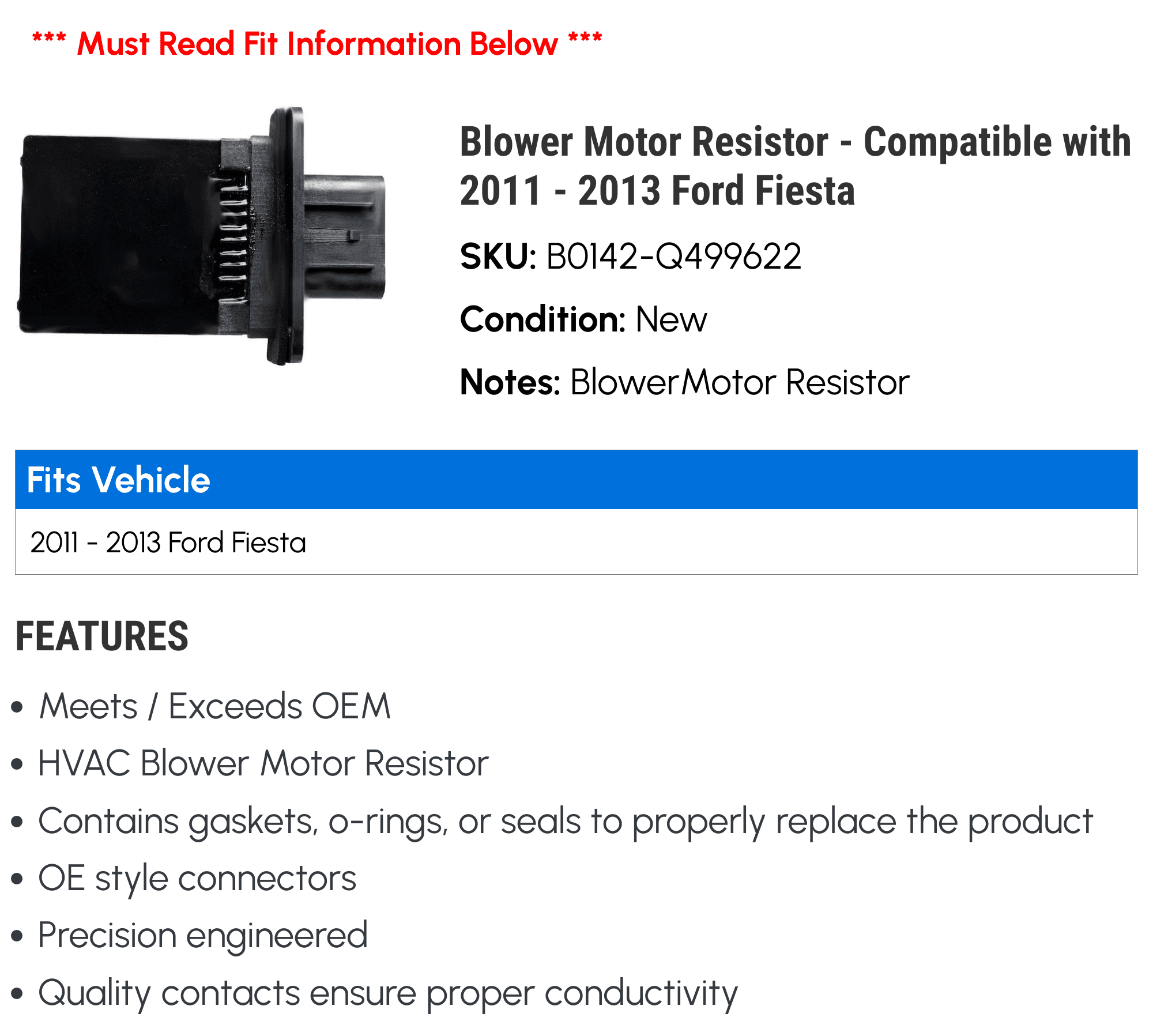 Blower Motor Resistor - Compatible with 2011 - 2013 Ford Fiesta 2012