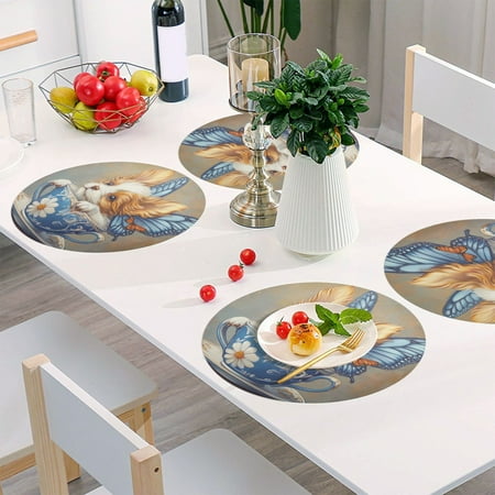 

Round Grid Placemat One Sizex4 Round Placemat PVC Plate Mat，15.4 Inch Non-Slip and Heat Resistant Table Placemat Dining Room Placemat Teacup Beautiful Puppy