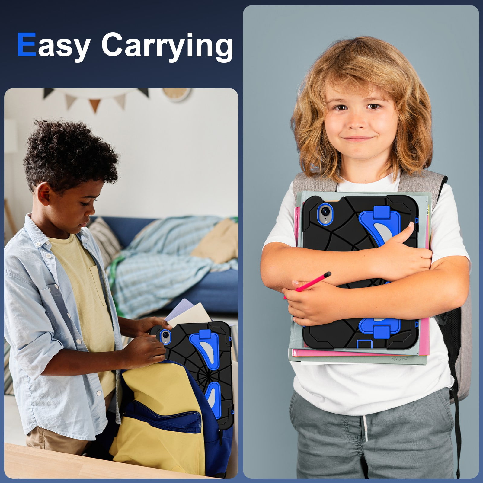 ELEHOLD Kids Friendly Case For iPad Air 11-inch M3 (2025) / M2 (2024), Heavy Duty Shockproof Rugged Protective Case with Pencil Holder Foldable Kickstand for Boys Children Case, Black+Blue