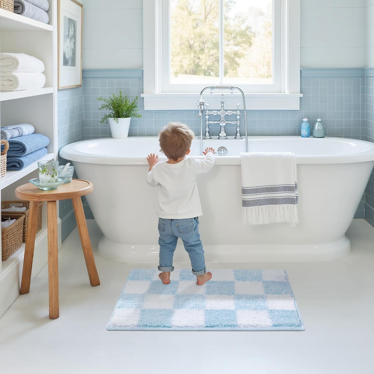 GRANNY SAYS Bathroom Rug, Checkered Bath Mat, Microfiber Non Slip Washable, 24" x 16", Shaggy Shower Mat, Blue