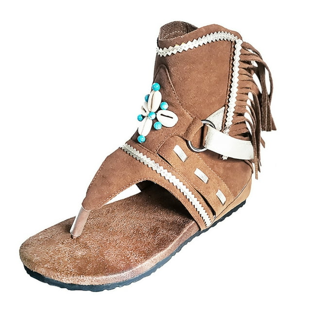 Sandales pour Femmes à Franges Ethniques Sandales Compensées pour Femmes Sandales Rétro Bohémiennes d'Extérieur Sandales Larges pour Femmes Sandales en Jean Larges pour Femmes Tongs Chaussures pour Dames Sandales Mignonnes pour