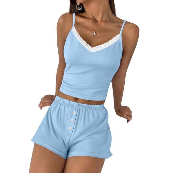 Ekouaer Cami Pajama Sets Y2K 2 Piece Lace Crop Top and Shorts Sexy Pjs Summer Lingerie Sleepwear Nightwear for Women