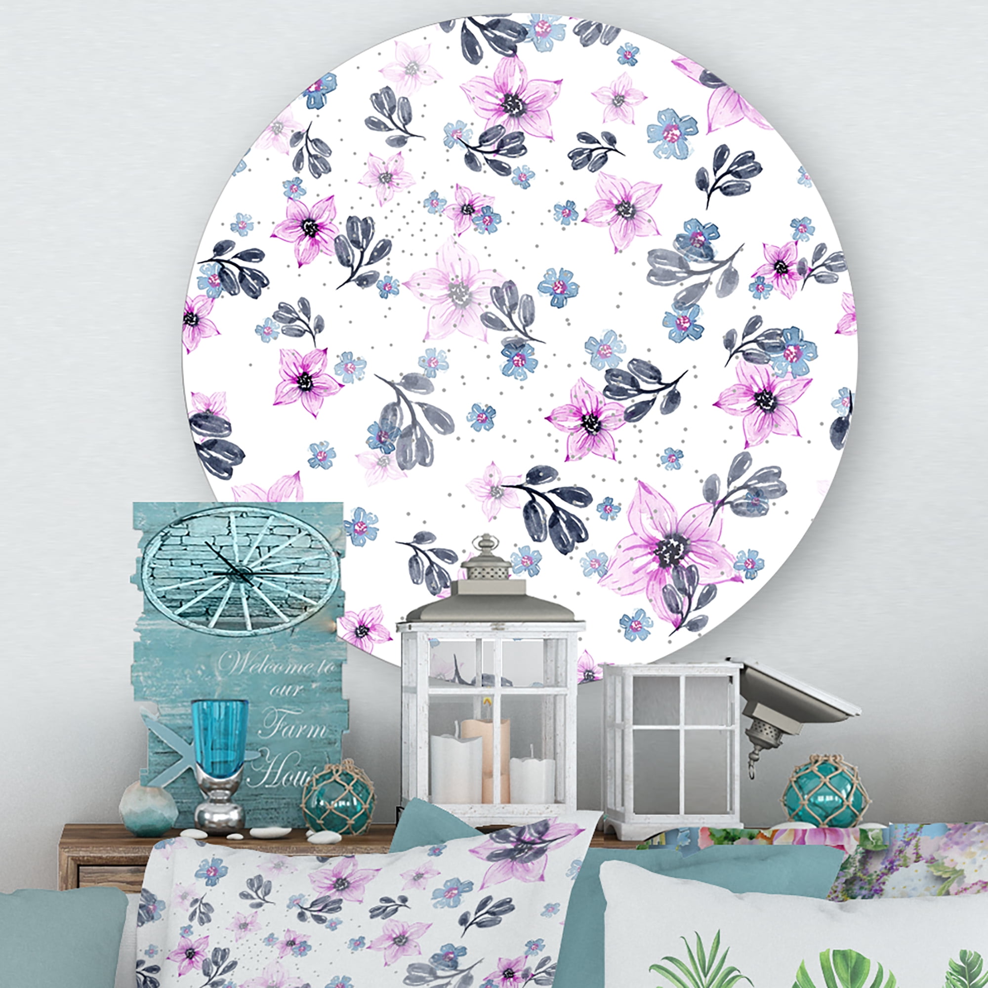 Designart 'Petals and Pink Flowers' Traditional Circle Metal Wall Art 23x23 - Disc of 23