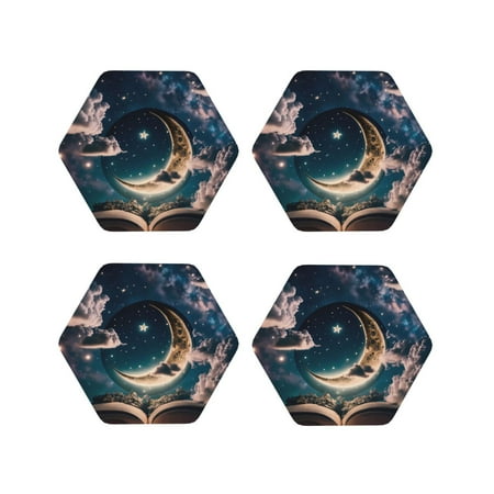 

Fuzoiu Artistic Starry Sky Moon Book Print Leather Coasters Set Drink Coasters Set of 4 for Tabletop Protection Durable PVC Coasters Home Décor and Housewarming Gift-Hexagon