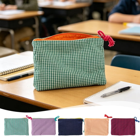 Beautynvta Plaid Pencil Pouch, Large Capacity Cloth Pencil Case Pen Bag with Zipper, Portable Classic Coin Purse, Stationery Organizer Pouch for Office Supplies