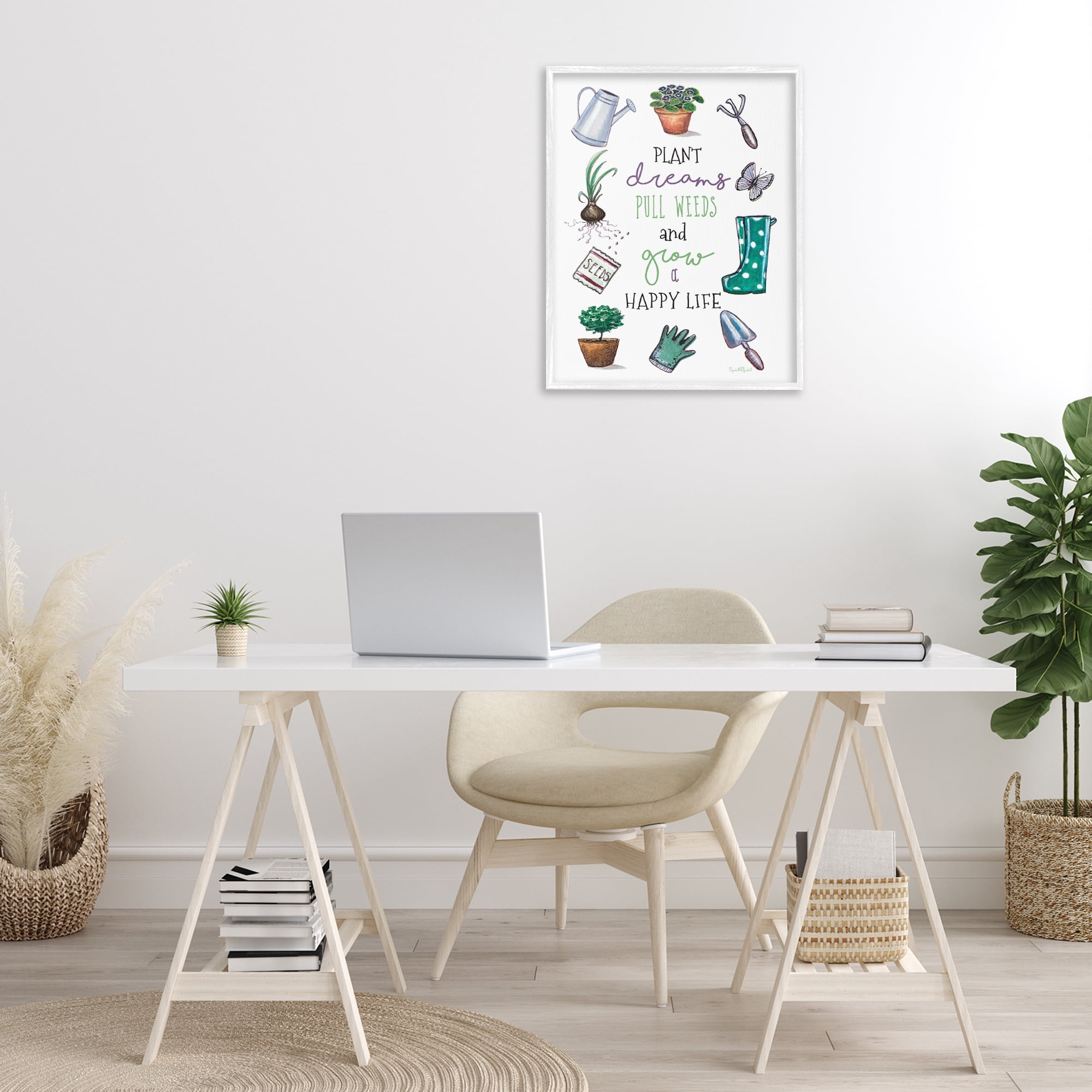 Stupell Industries Grow a Happy Life Botanical & Floral Painting White Framed Art Print Wall Art, 24 x 30