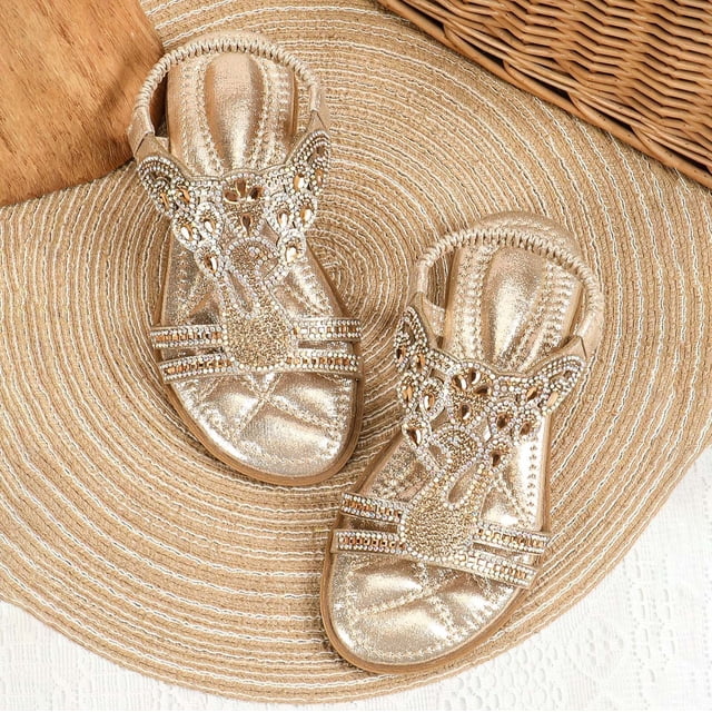 WERYOUNG Girls Sandals Summer Casual Sparkly Open Toe Rhinestone Slingback Soft Sole Bohemian Princess Shoes Toddler Versatile Beach Vacation Sandal,Gold,11-11.5 Years
