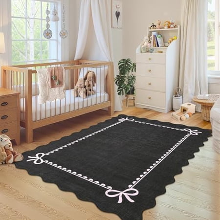 Scalloped Bow Rug for Living Room Solid Black Rug for Dorm Washable Rugs 3×5 Soft Low Pile Non Slip Scalloped Rugs for Nursery College Bedroom Decor Kids Room Playroom Scalloped Bow Rug for Living Room Solid Black Rug for Dorm Washable Rugs 3×5 Soft Low Pile Non Slip Scalloped Rugs for Nursery College Bedroom Decor Kids Room Playroom