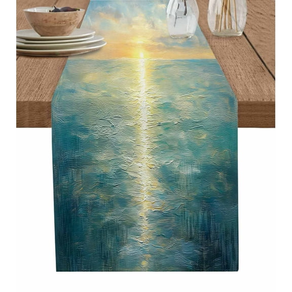 Table Runner Dresser Scarf 18 x 72 Inch Sunrise Ocean Blue Summer Oil Painting Table Runners Non-Slip Heat Resistant Kitchen Dining Table Decor for Indoor Outdoor Home Party Decoration