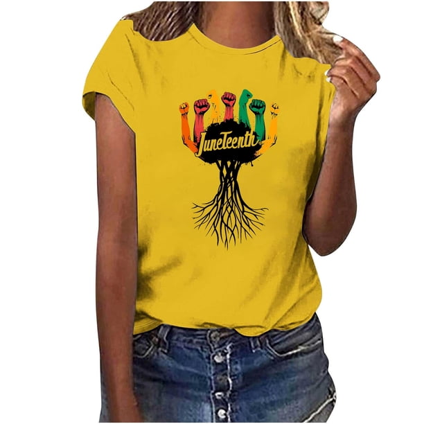 Tops de Manga Corta para las Mujeres de Ajuste Suelto, Día de la Independencia Negro Impreso, Cuello Redondo Suelto Superior