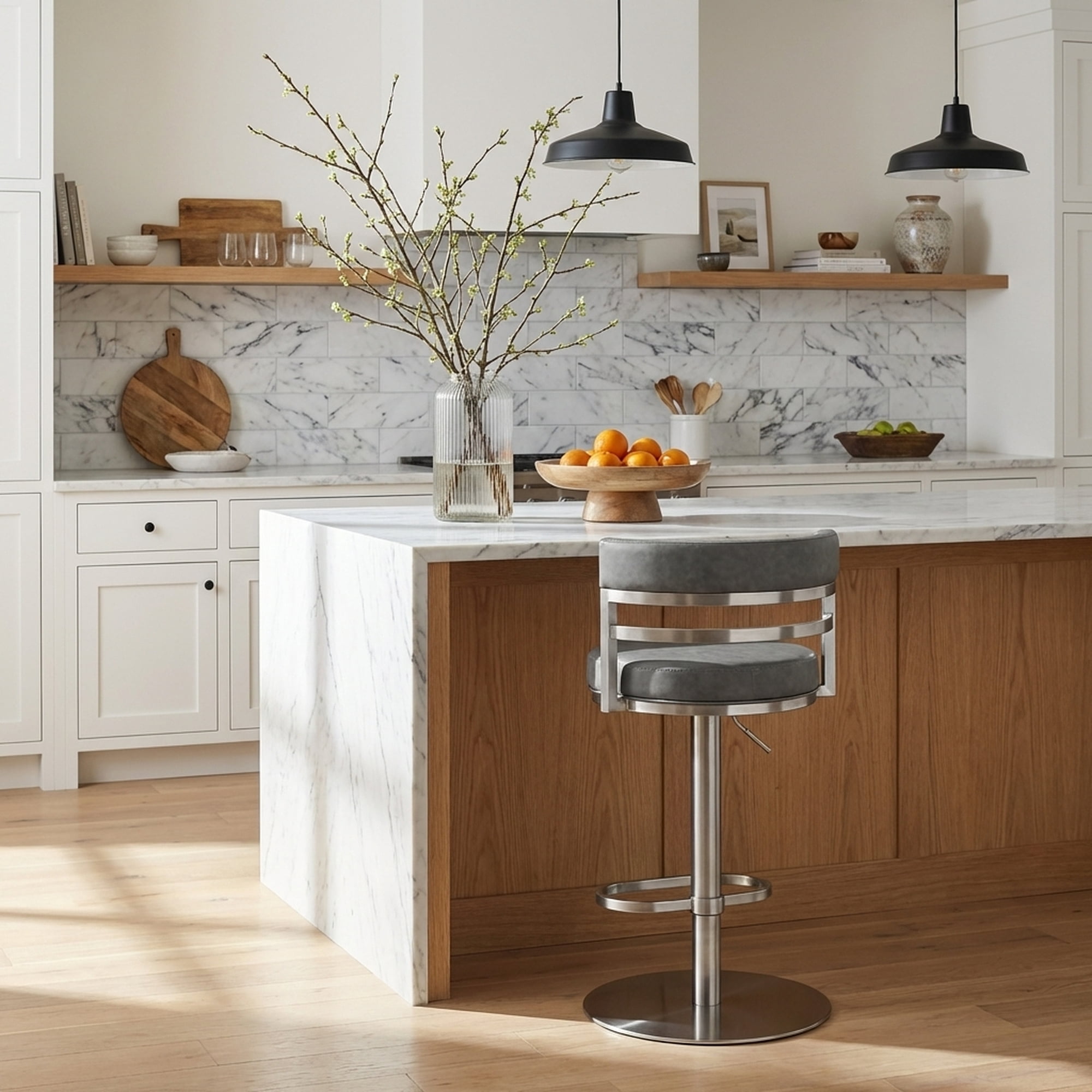 Judi Modern Industrial Swivel Metal Adjustable Height Barstool With Faux Leather Seat