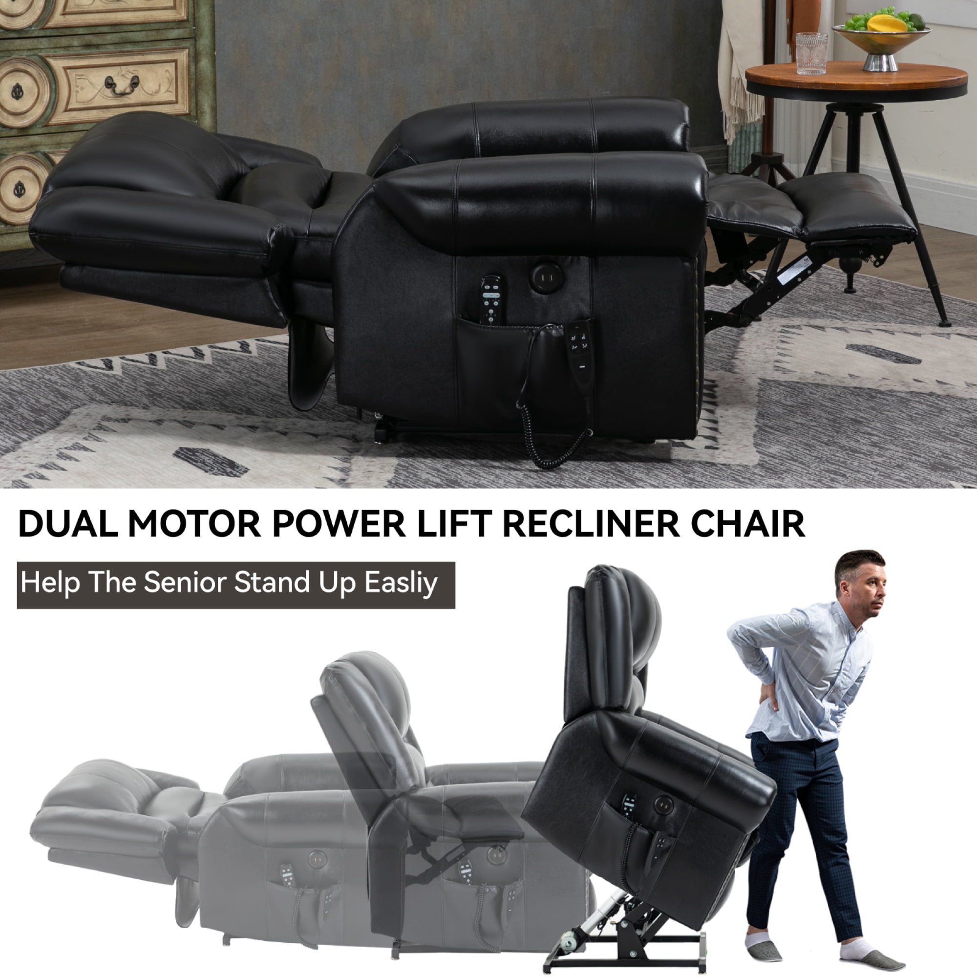 Leumius Large Power Lift Recliner Chair for Elderly,Single Sofa Chair with Massage and Heat,Electric Lift Recliner Single Sofa with Side Pocket for Living Room,Black
