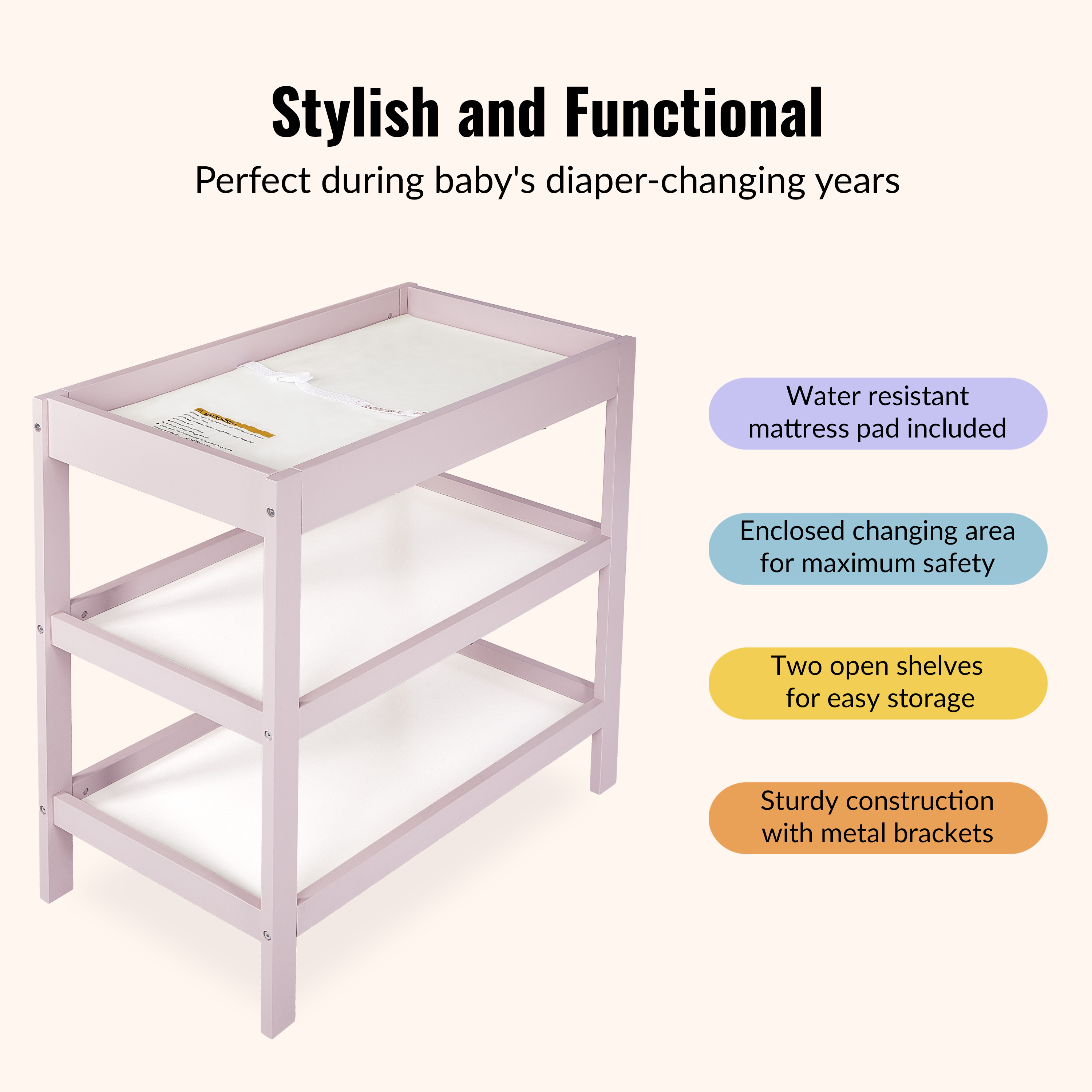 Dream On Me Ridgefield Changing Table, 34" L x 20" W x 30" H, New Zealand Pinewood, Blush Pink