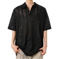 thumbnail image 4 of Yaoyar Mens Vintage Distressed Sexy Button Short Sleeve Turn Down Collar Shirt Ripped Detail Design Edgy Style Short Sleeve Button Down Shirt, 4 of 4