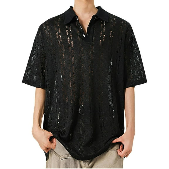 Fashion YLSDY Men Hollow Out Knit Crochet Shirt Summer Short Sleeve Lapel Collar Button Down T Shirts Hawaiian Beach Vacation Top Black L