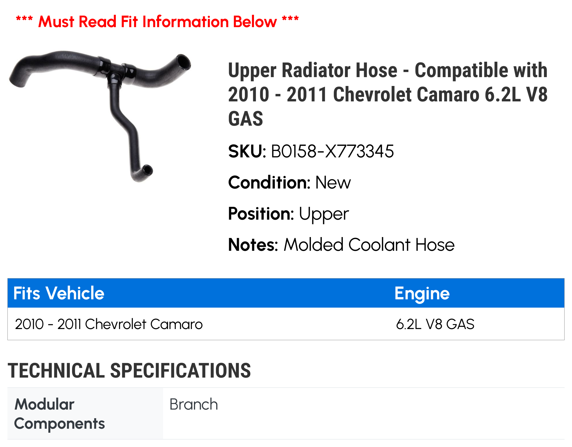 Upper Radiator Hose - Compatible with 2010 - 2011 Chevy Camaro 6.2L V8 GAS