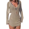 thumbnail image 2 of Robe de Plage Mini au Crochet à Manches Longues pour Femme, par-Dessus de Maillot de Bain, Kaki, m, 2 of 7