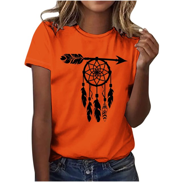 Dadaria Hauts Femme Chemise Orange Manches Courtes T-Shirt Col Rond Attrape-Rêves d'Été Chandail Blouses 2TG