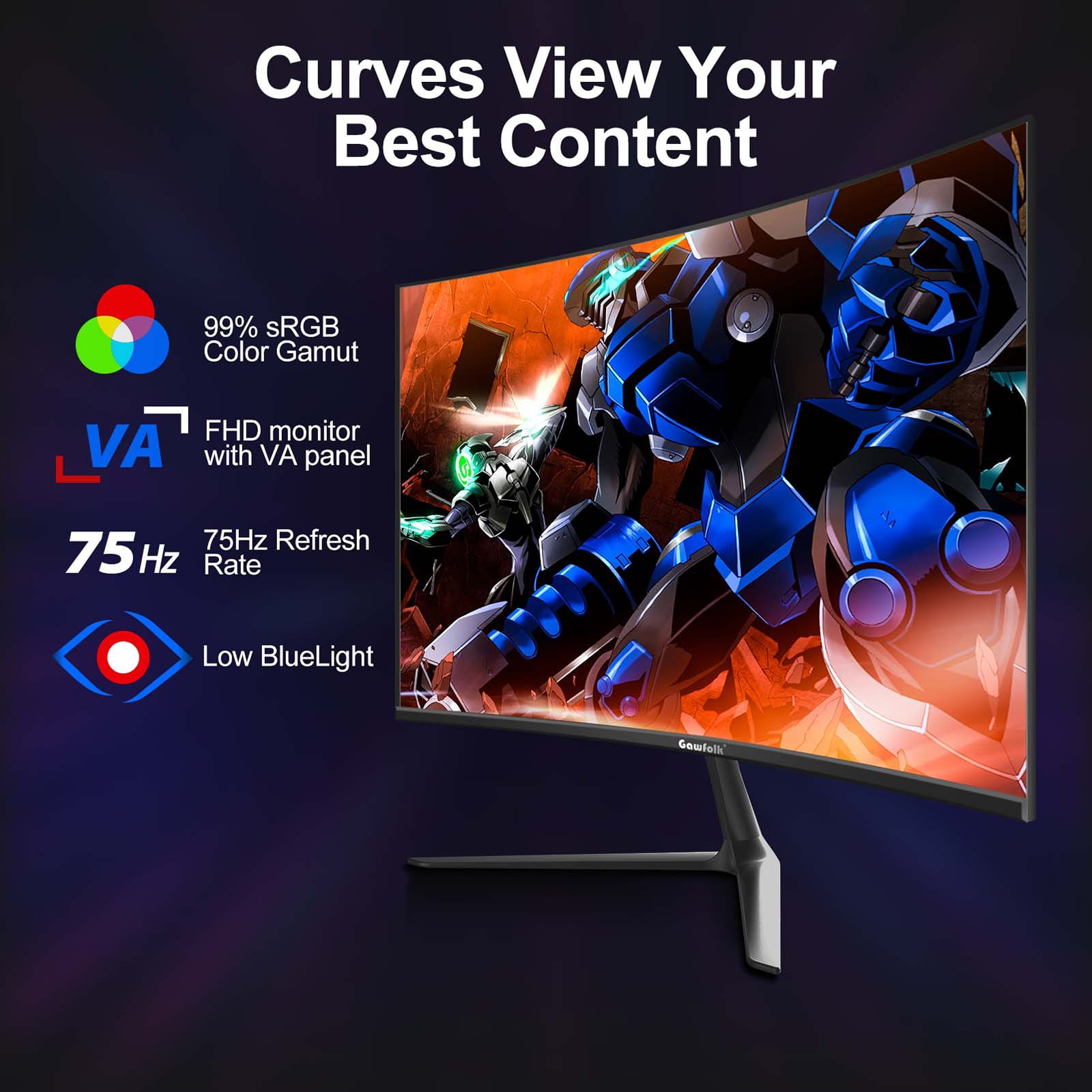 Gawfolk 24” Curved Monitor 75Hz Full HD 1080P, Ultra-Thin Non-frame Gaming Display with AMD FreeSync HDMI VGA Machine Black