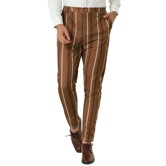 INSPIRE CHIC Men's Striped Slim Fit Contrast Color Drawstring Dress Pants 38 Brown