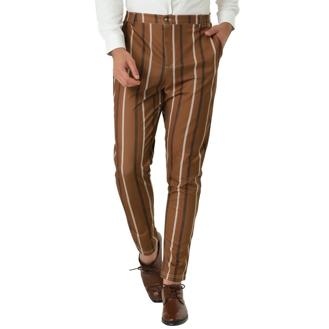 INSPIRE CHIC Pantalon Habillé Ajusté à Rayures pour Hommes Couleur Contrastée avec Cordon de Serrage 34 Marron