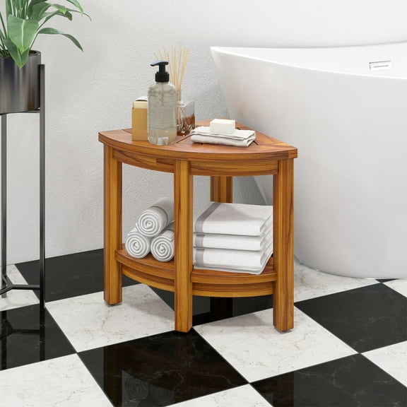 Dextrus 18" Wood Shower Bench with Non-Slip Feet for Bathroom, Teak Wood Shower Corner Stool, Brown