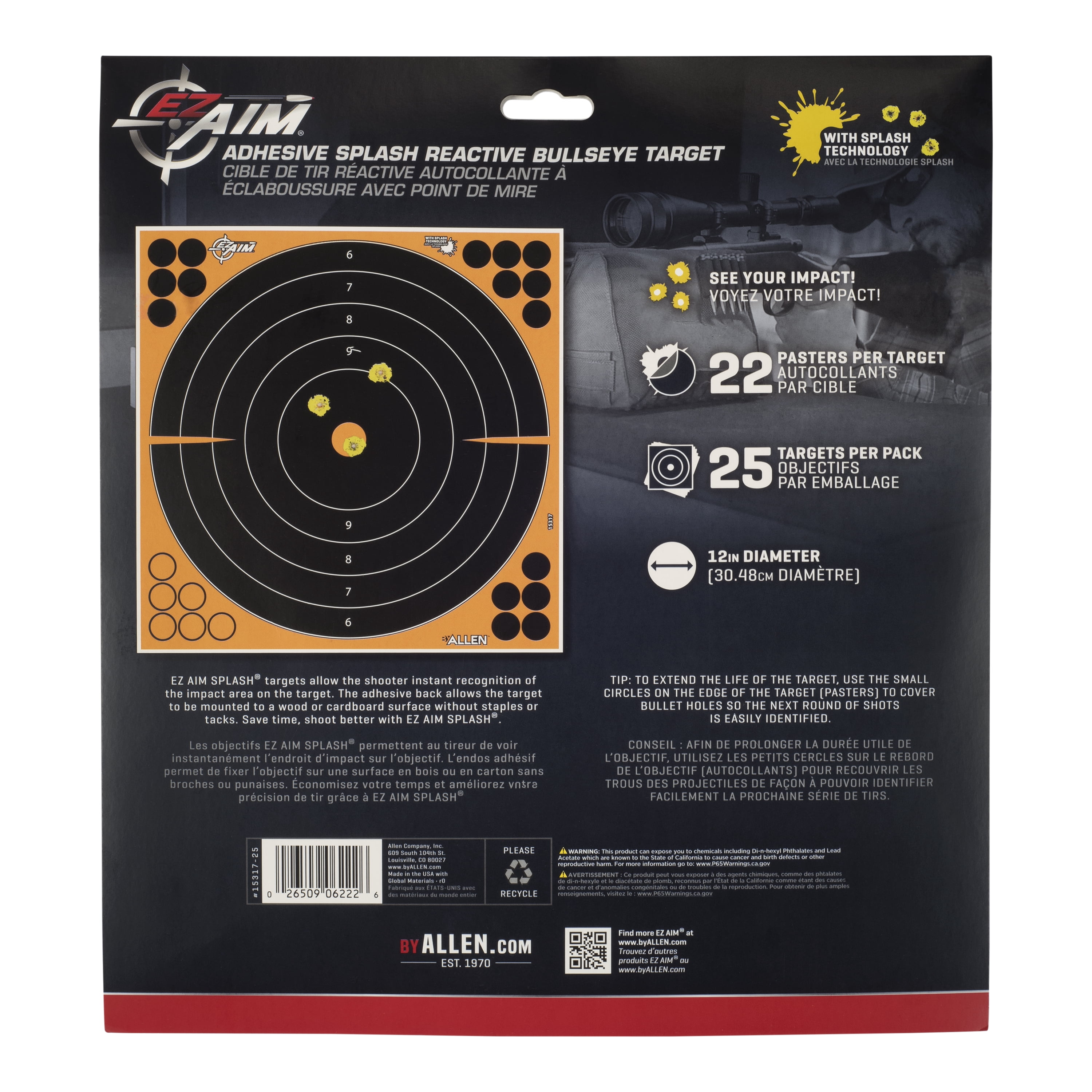 Ez Aim Splash Bullseye Paper Shooting Targets, 12" Square, 25-Pack, Black, Paper Targets, 15317-25