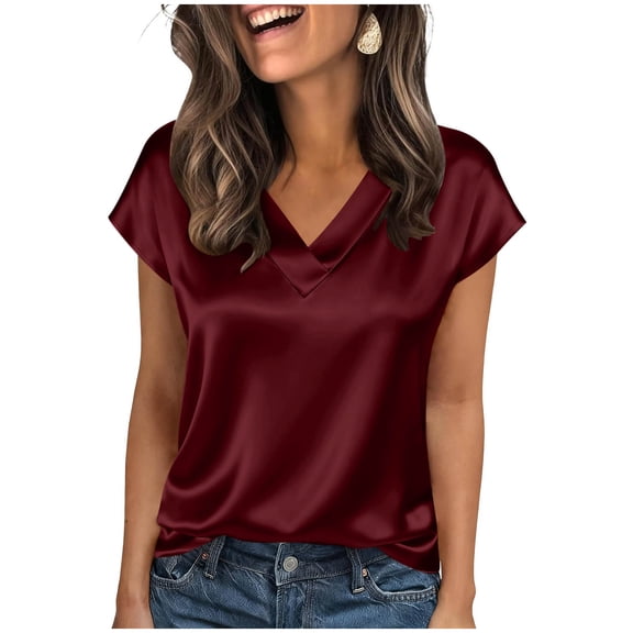 qucoqpe Summer Satin Tops for Women V Neck Short Sleeve T-Shirts Dressy Casual Blouses Lightweight Loose Shirts