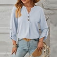thumbnail image 6 of ClodeEU Women V Neck Henley Long Sleeve Pleated Blouse,Casual Loose Solid Tunic Top Light Blue,Women's Plus L, 6 of 6