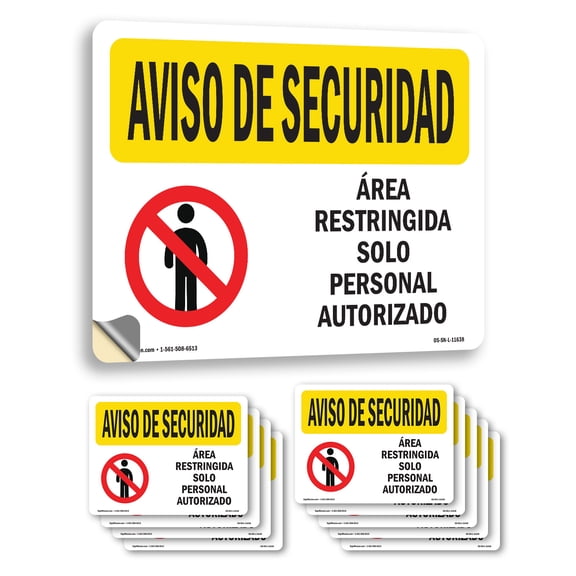 Restricted Area Authorized Spanish OSHA Security Notice Vinyl Decal Label 7 Inch x 5 Inch - 10 Pack