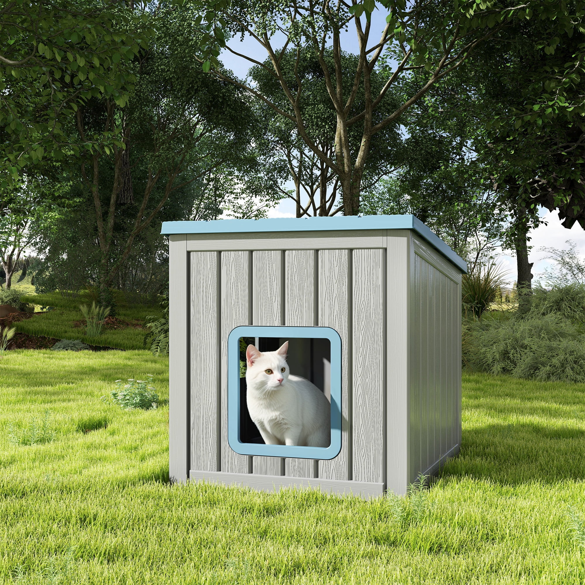 Bifanuo Outdoor Cat House, Weatherproof Shelter for Feral Cats & Kittens, Durable Insulated PP Shelter for Garden & Patio (Gray & Blue)