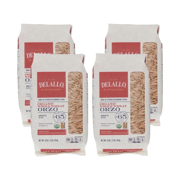 DeLallo Whole Wheat Orzo Pasta, Made in Italy, 100% Organic, 1 lb Bag, (4 Pack)