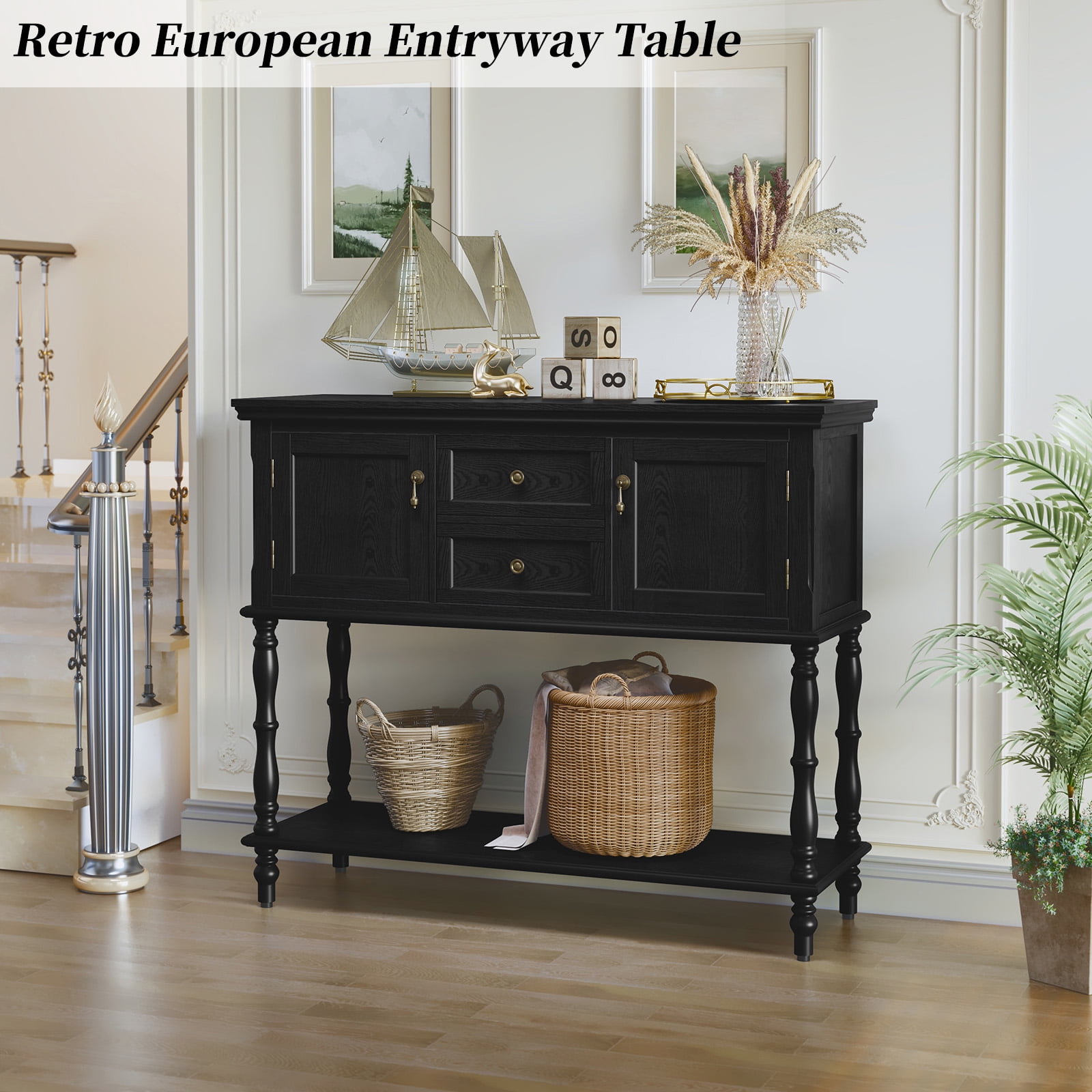 CBJCBJ 42" Farmhouse Console Table , 2 Drawer Narrow Long Entryway Table with Open Storage Shelf , for Living Room, Black